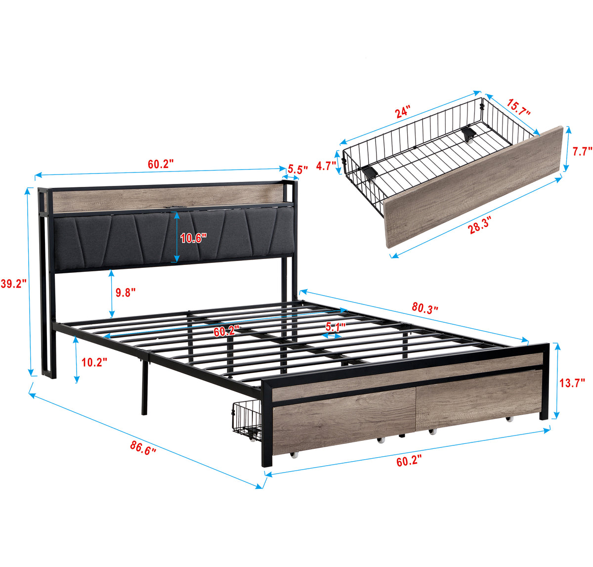 Queen Size Metal Platform Bed Frame with upholstery storage function Headboard and USB LINER and Footboard with drawers