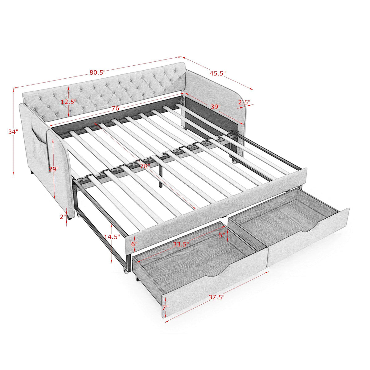 Twin Size Upholstery Daybed with Trundle Bed and Two Storage Drawers, Flat Arms with Pocket, Extendable Daybed, Linen Beige