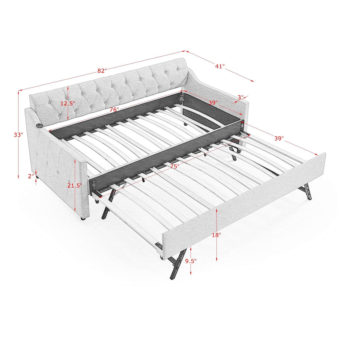 Twin Size Upholstery DayBed with Twin Size Erectable Trundle and USB Charging Design, Linen Grey