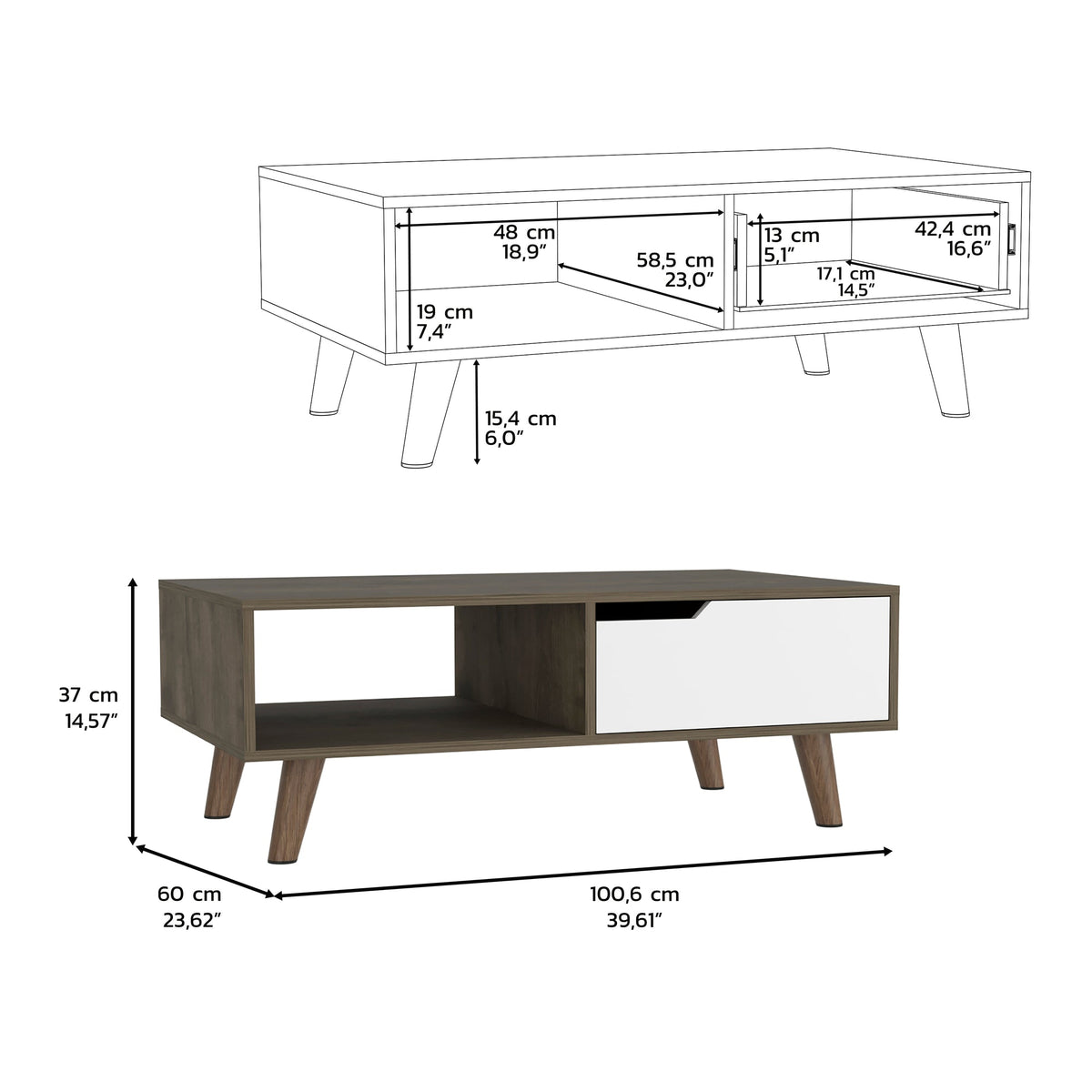 Coffee Table, One Open Shelf, One Drawer, Dark Brown/White