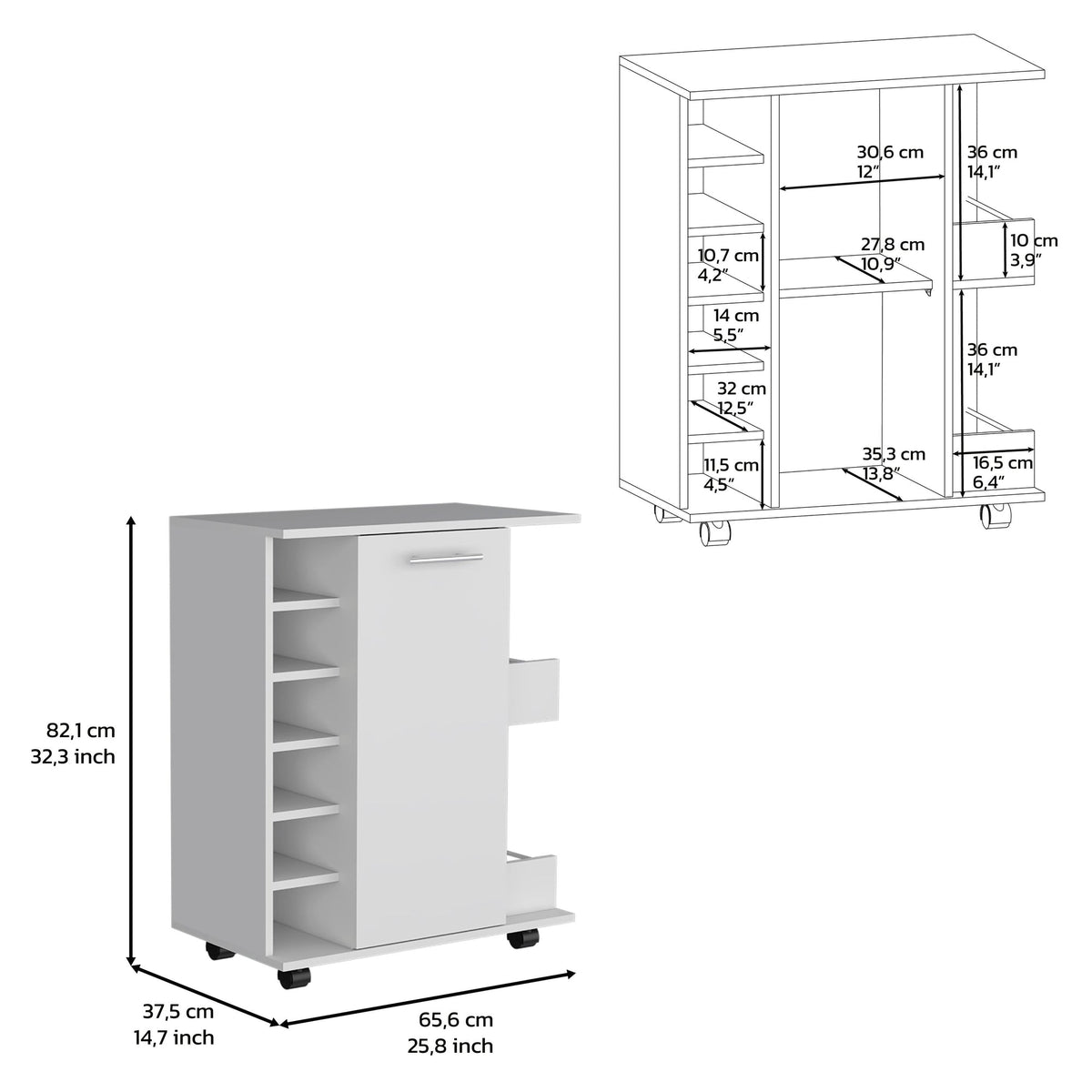 White 4-wheel bar cart cabinet for kitchen or living room, with 6 side built-in bottle racks, 1 interior shelve, 2 side shelves, 2 space with wood door to store glasses, cups, coffee or snacks.