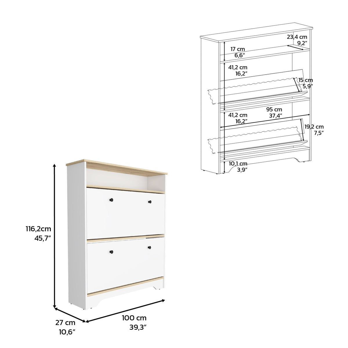 Shoe Rack 46" H, One Open Storage Shelf, Two Internal Storage Drawers, Two Doors, Light Oak / White
