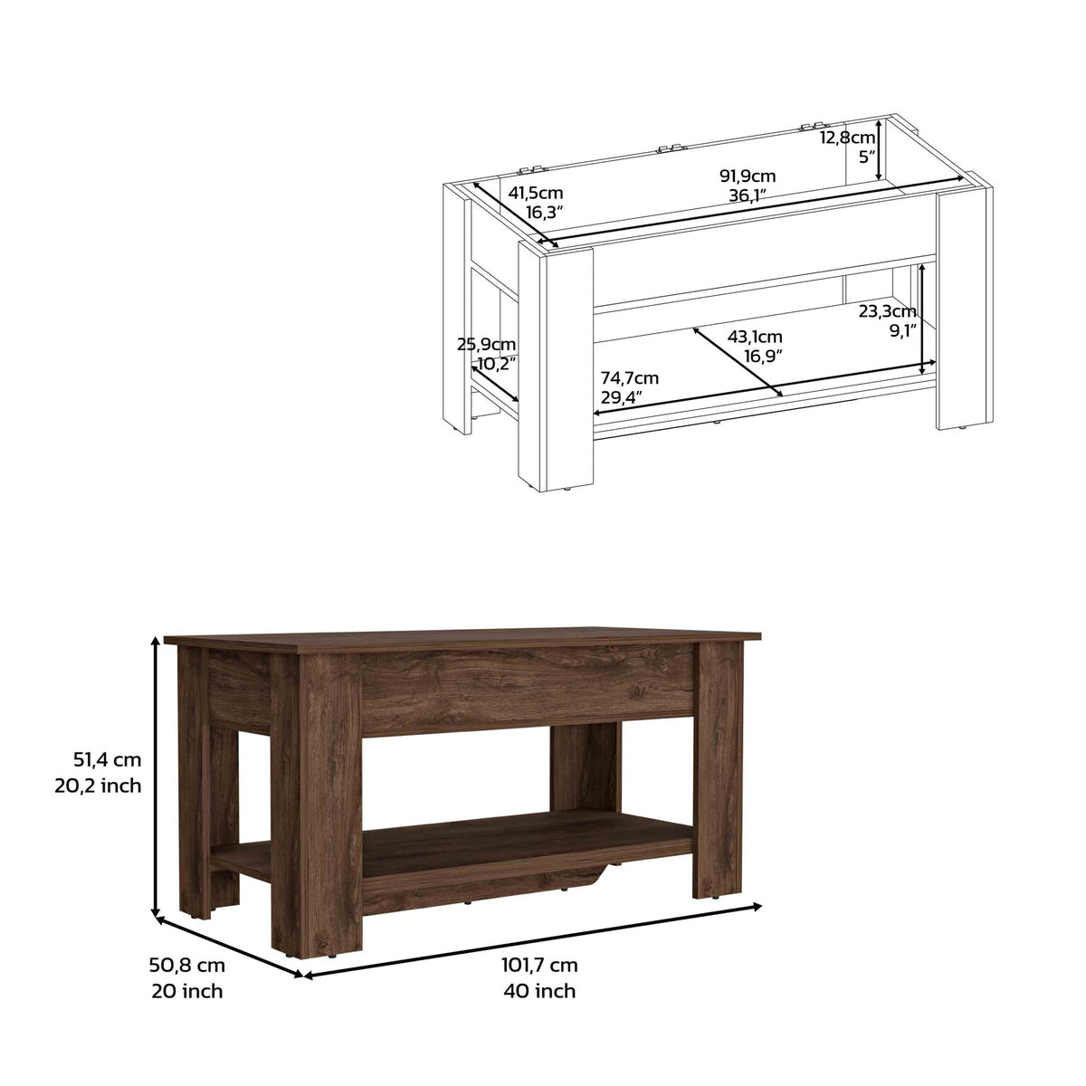 Storage Table, Four Legs, Lower Shelf, Dark Brown