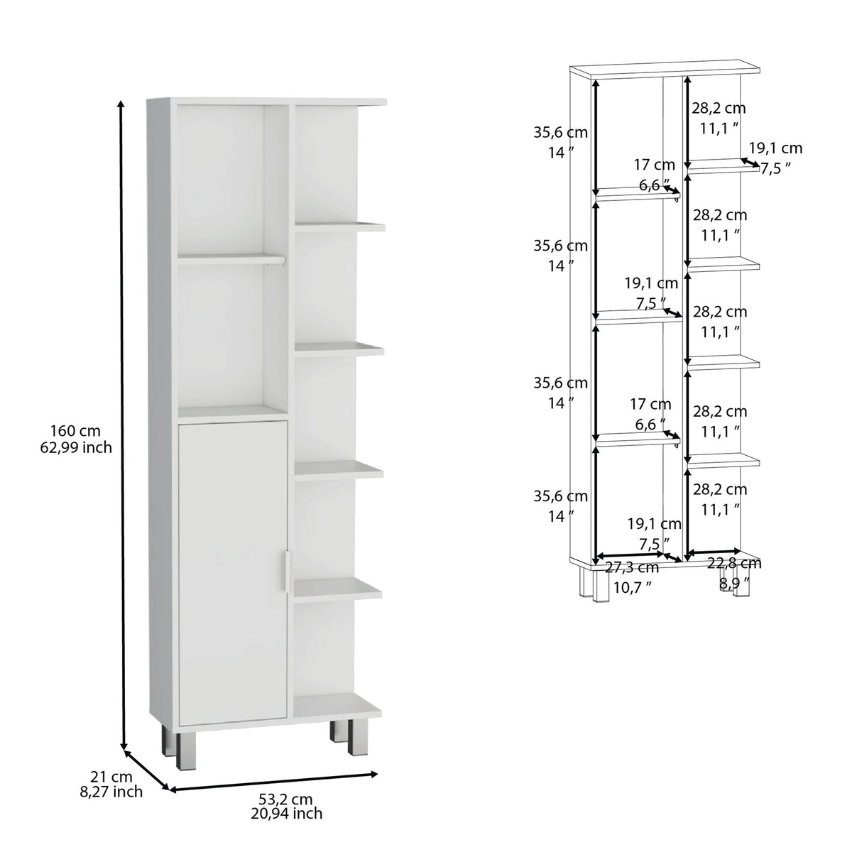 Mott 63" H Linen Bathroom Cabinet with Seven Open Shelves, One Drawer and four legs,White