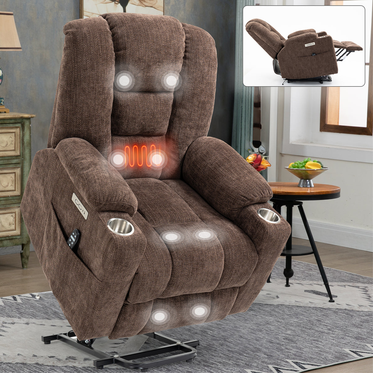Large Power Lift Recliner Chair with Massage and Heat for Elderly, Overstuffed Wide Recliners, Heavy Duty Motion Mechanism with USB and Type C Ports, 2 Steel Cup Holders, Brown
