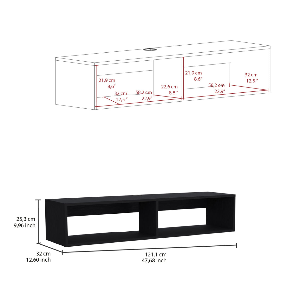 Rockwood Floating TV Stand with Open Storage Shelves and Cable Management