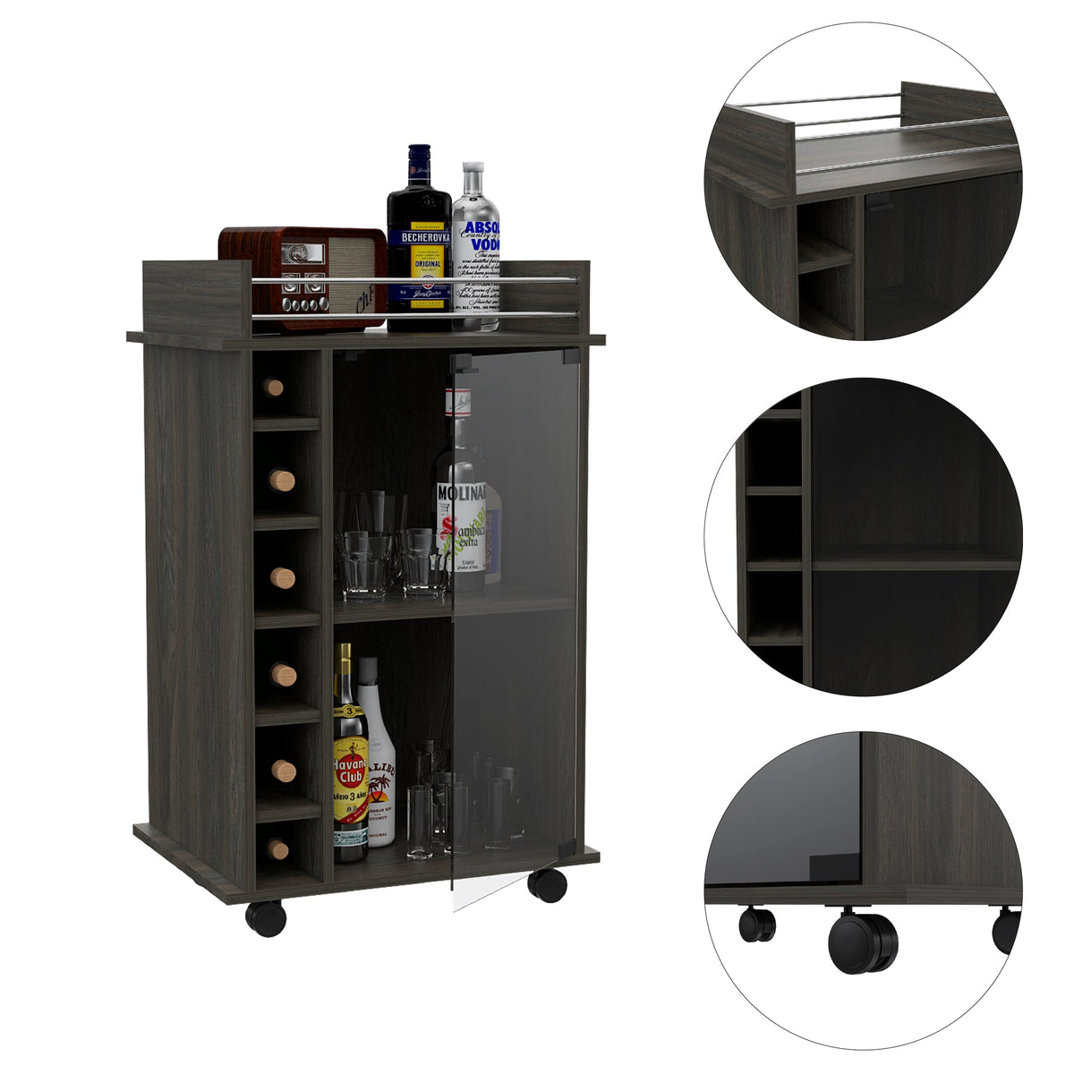 Dukat Bar Cart,Two Shelves, Six Built-in Wine Rack, Four Casters -Espresso – Model B20091847