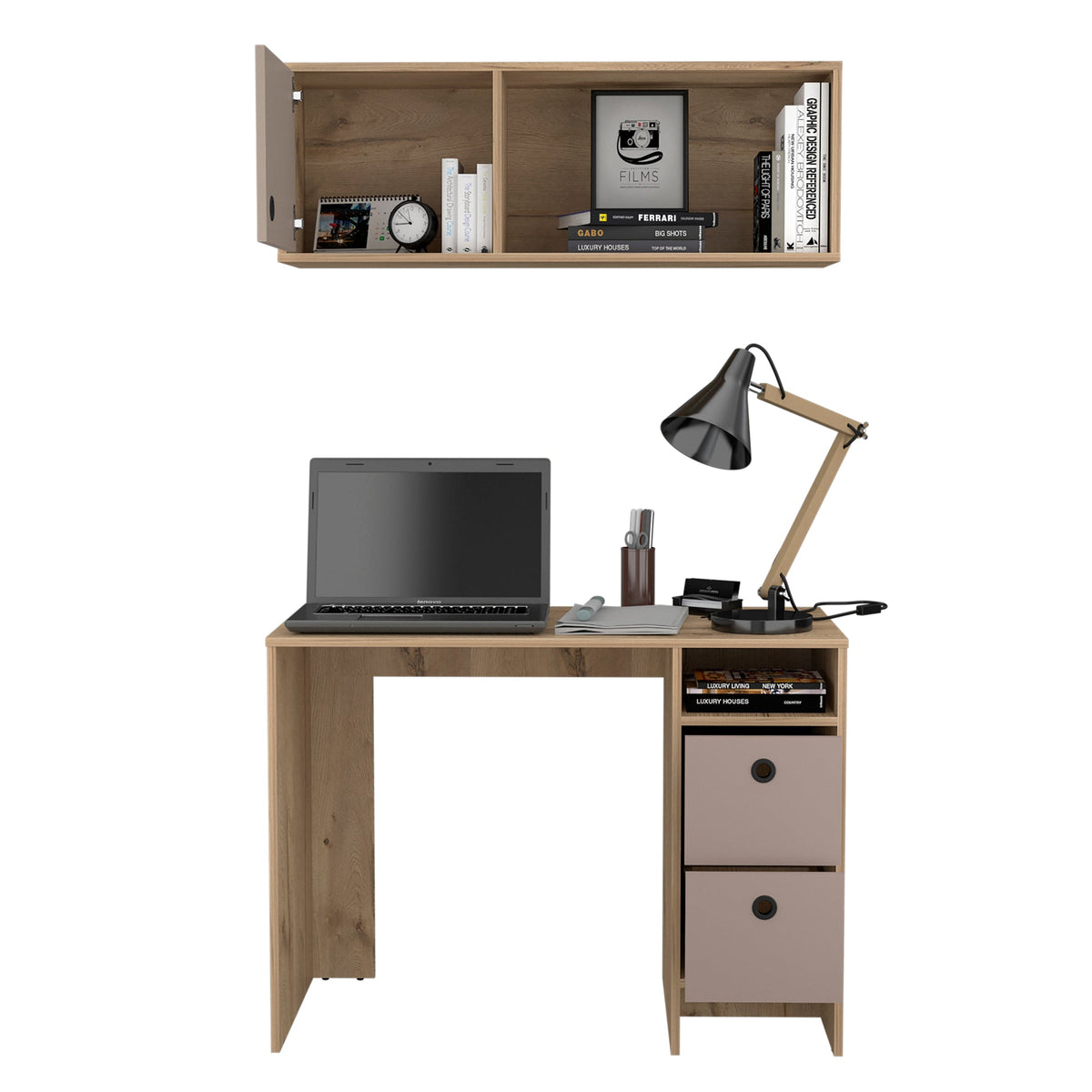 Khali 2-Pc Office Set, Two Shelves, Two Drawers, Wall Cabinet, Single Door Cabinet, -Light Oak / Taupe