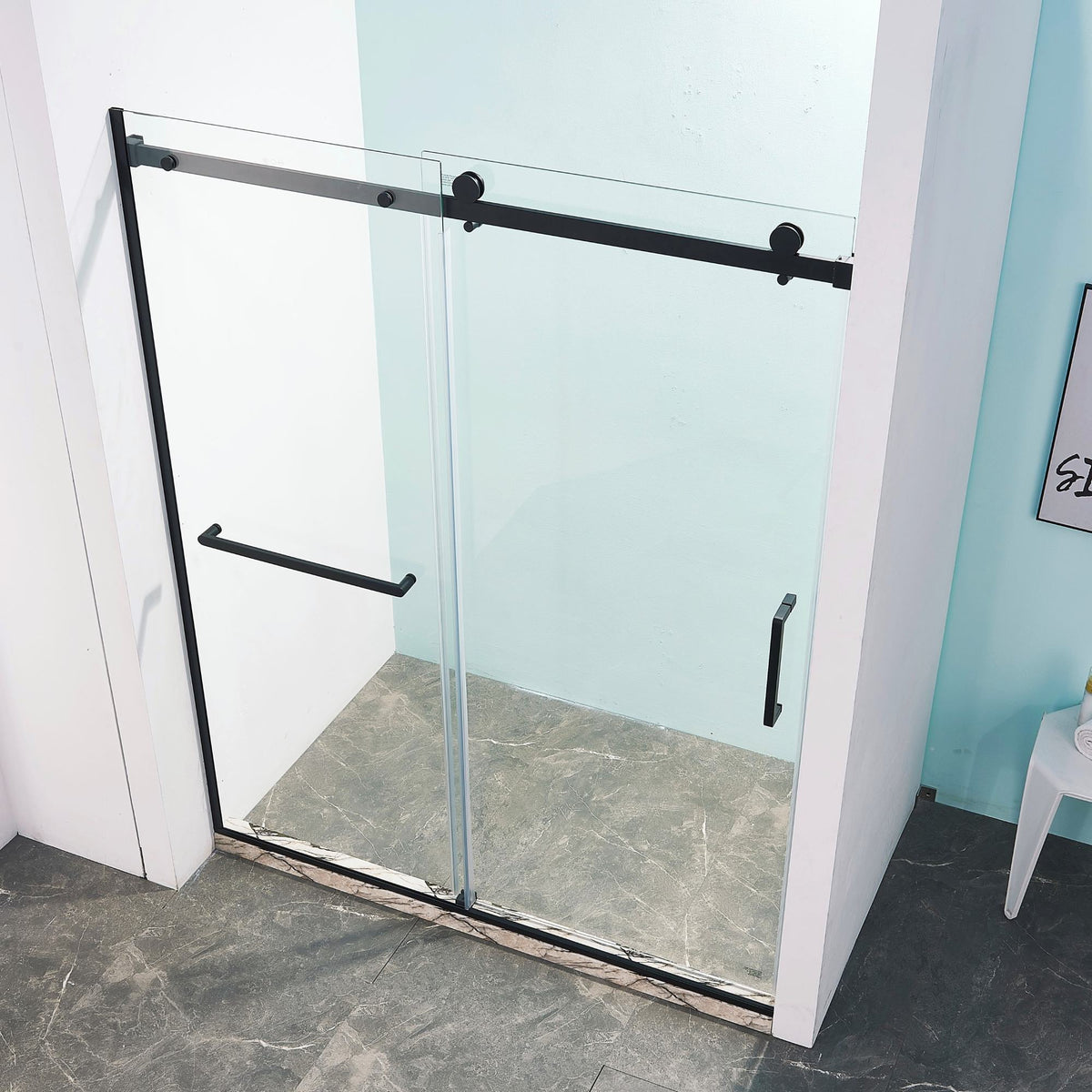 56-60" W x 75" H Semi-Frame Single Sliding Shower Door, 304 Stainless Steel in Matte Black, 5/16" Thick SGCC Tempered Clear Glass.
