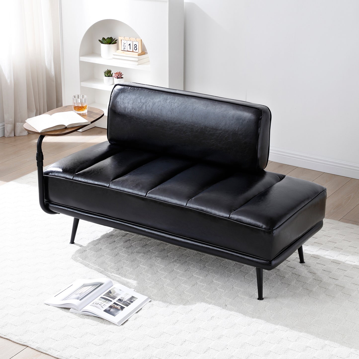 55'Inch Width Modern End of Bed Bench,Black Faux Leather Upholstered With side table, 360-degree Swivel tray couch,Entryway Ottoman,Window Bench with Metal Legs for Bedroom, Living Room