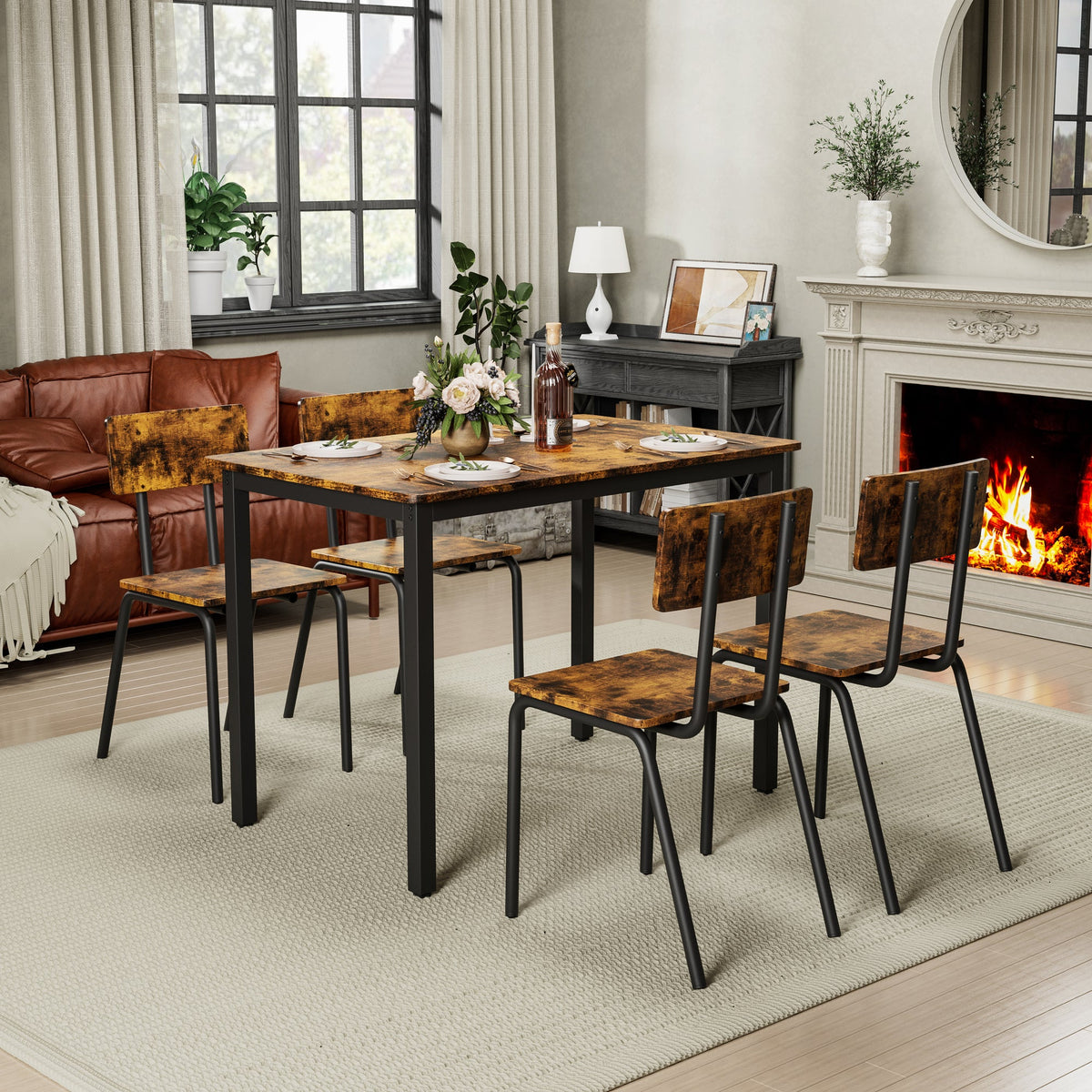 5-Piece Dining Table Set with 4 Chairs, 43" Kitchen Table & Chairs Set for 4, Dining Room Table with Metal Frame & MDF Board, Perfect