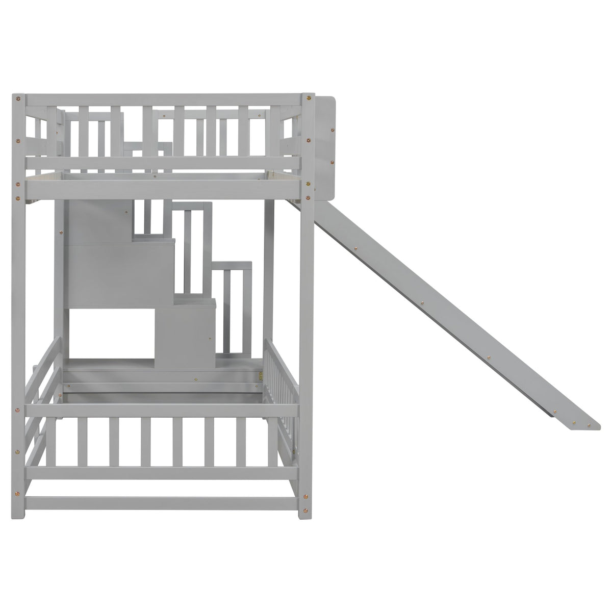 Twin Over twin Bunk Bed with Slide, Storage Staircase, Bedside Storage Rack,LED lights,Pine Solid Wooden Bunk Bed with Safety Guardrails ,Grey