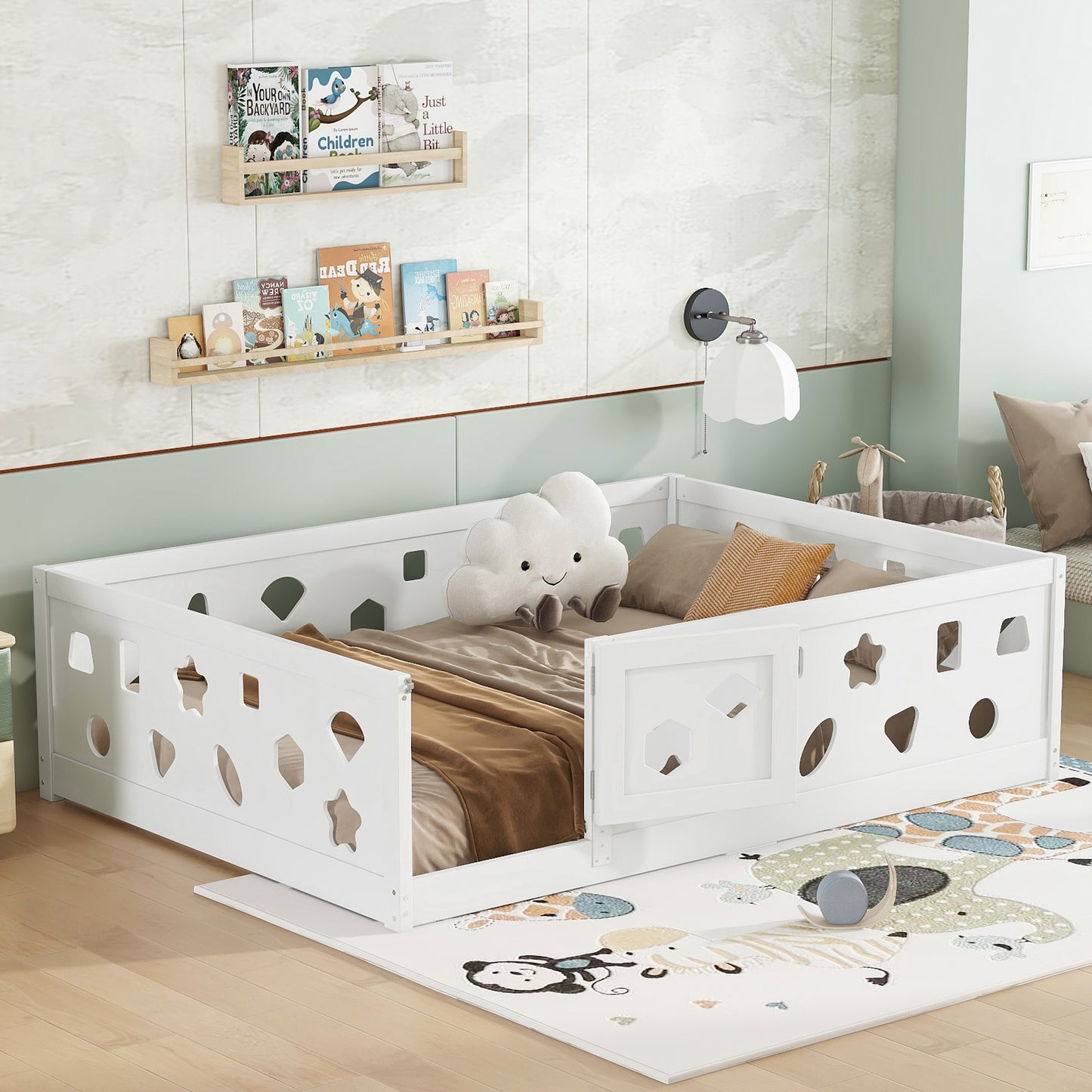 Full Size Floor Bed with Heightened Safety Guardrails and Door, Solid Wood Bedframe with Rails for Girls, Boys, Teens, Child Bedroom, Kids Playroom, No Slats Included, White