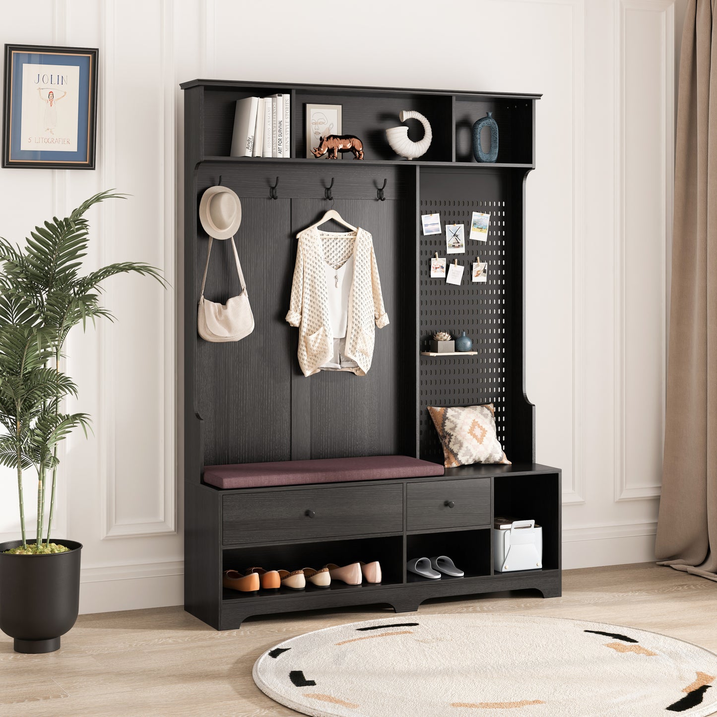 Multi-purpose Hallway Hall Tree with Removable Linen Cushioned Entryway Bench, Coat Rack, Storage Shelves, and DIY Pegboard,for Hallways, Living Room, Black