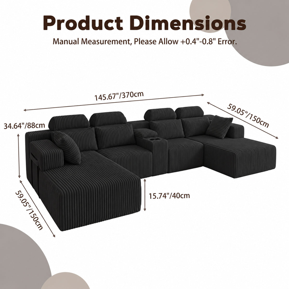 Modern Black corduroy 6-seater U-shaped sofa with lounge chair and cup holder -145.7 inch oversized modular compression sofa, suitable for home theaters, luxury living spaces, tool free assembly