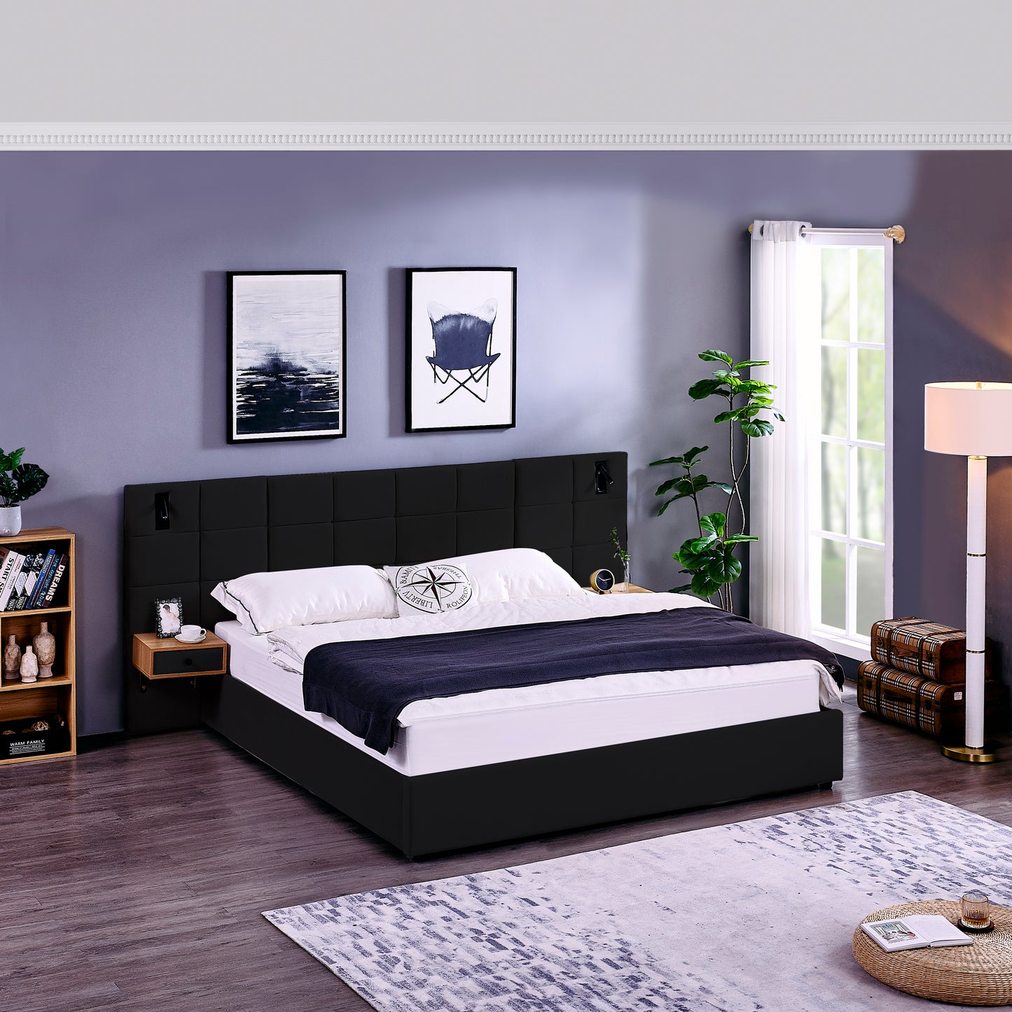 King Size Storage Velvet Upholstered Hydraulic Platform Bed with 2 Shelves, 2 Reading Lamps and USB Port, Black