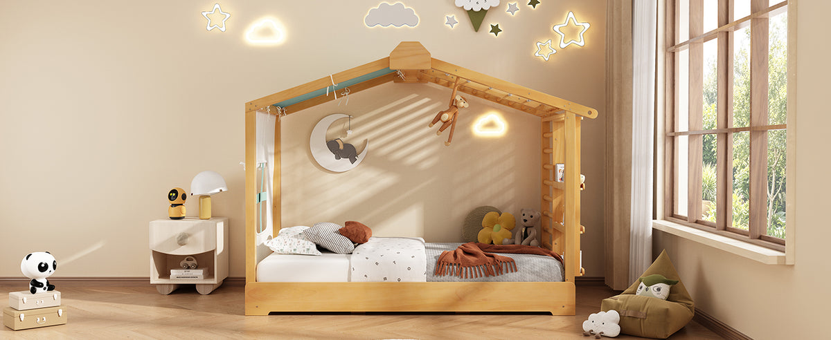 Twin Size House Bed with Twin Size Trundle and Side Shelves, Natural