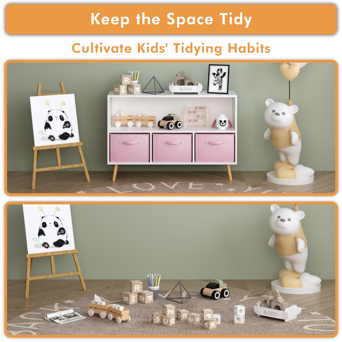 Kids bookcase with Collapsible Fabric Drawers, Children's Book Display, Toy Storage Cabinet Organizer, White/Pink