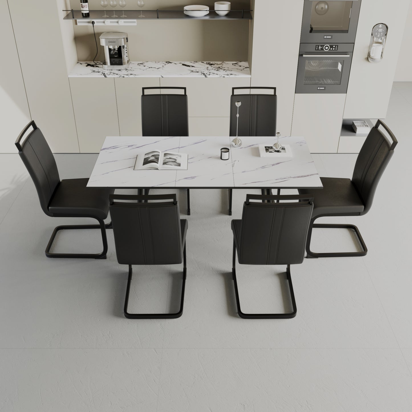 47'-63' expandable dining table set for 2-6 people, equipped with C-shaped tubular cushioned armless dining chair and an elegant and spacious dining table kitchen table and chair set, with metal legs