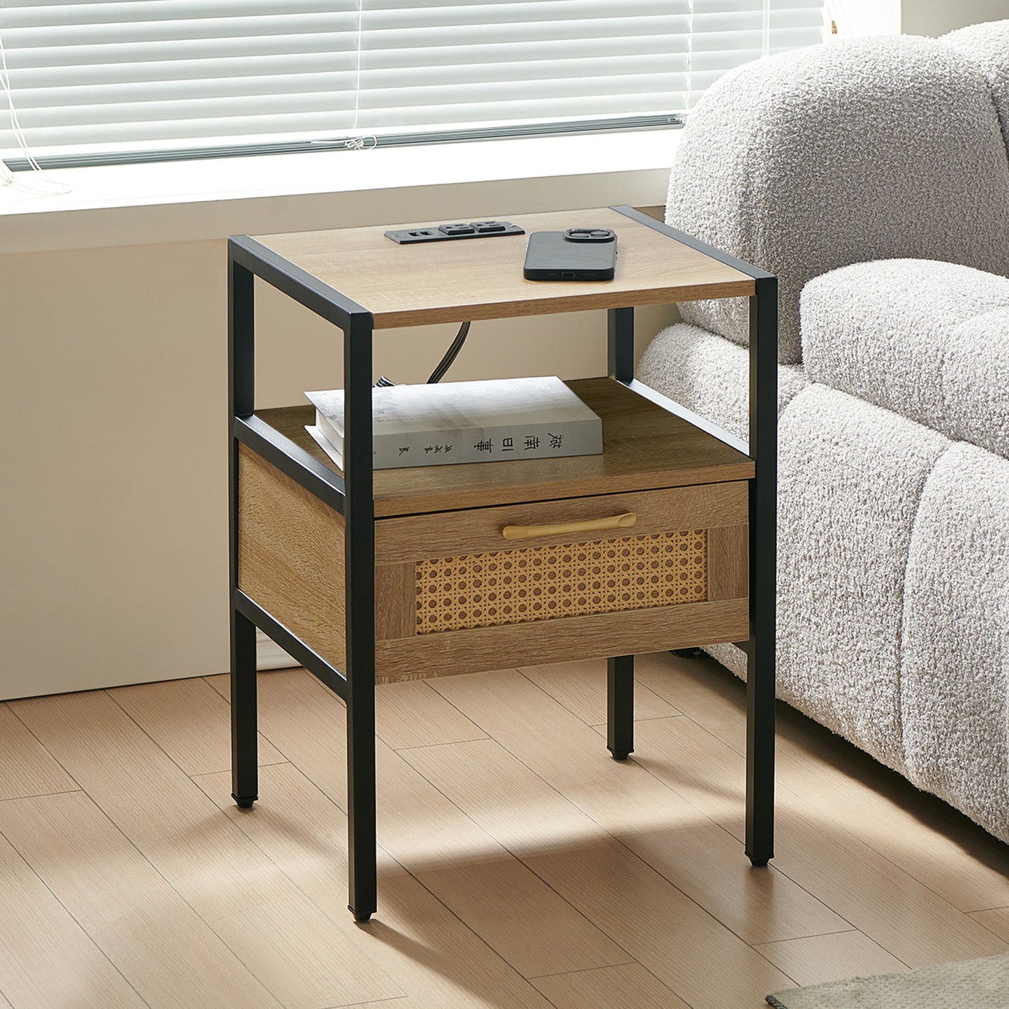 15.75' Rattan End table with Power Outlet & USB Ports , Modern nightstand with drawer and metal legs, side table for living room, bedroom,natural(1 PC)