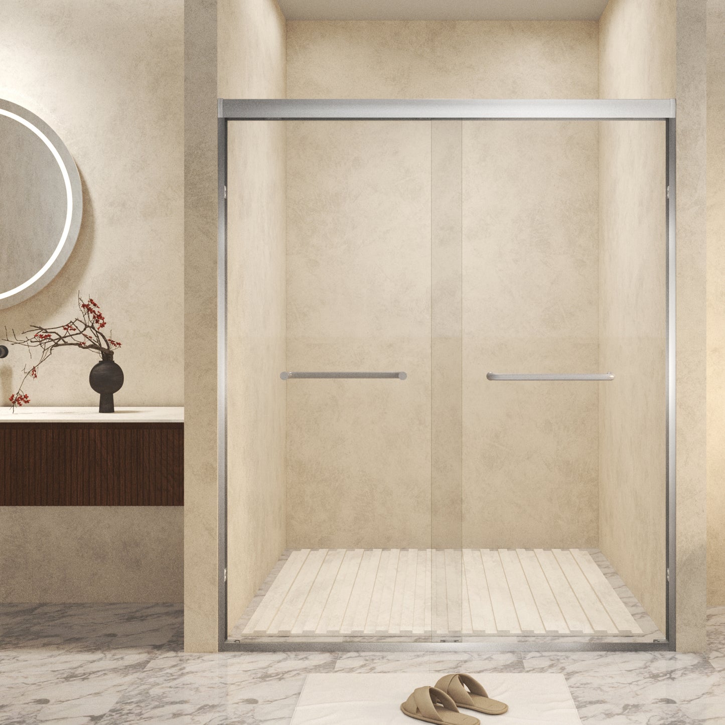 56-60 ' x 72' Tempered Glass with Explosion Proof Film, Aluminum Frame Double Sliding Shower Door, '1/4 (6 mm), Stainless Steel handle,Brushed Nickel