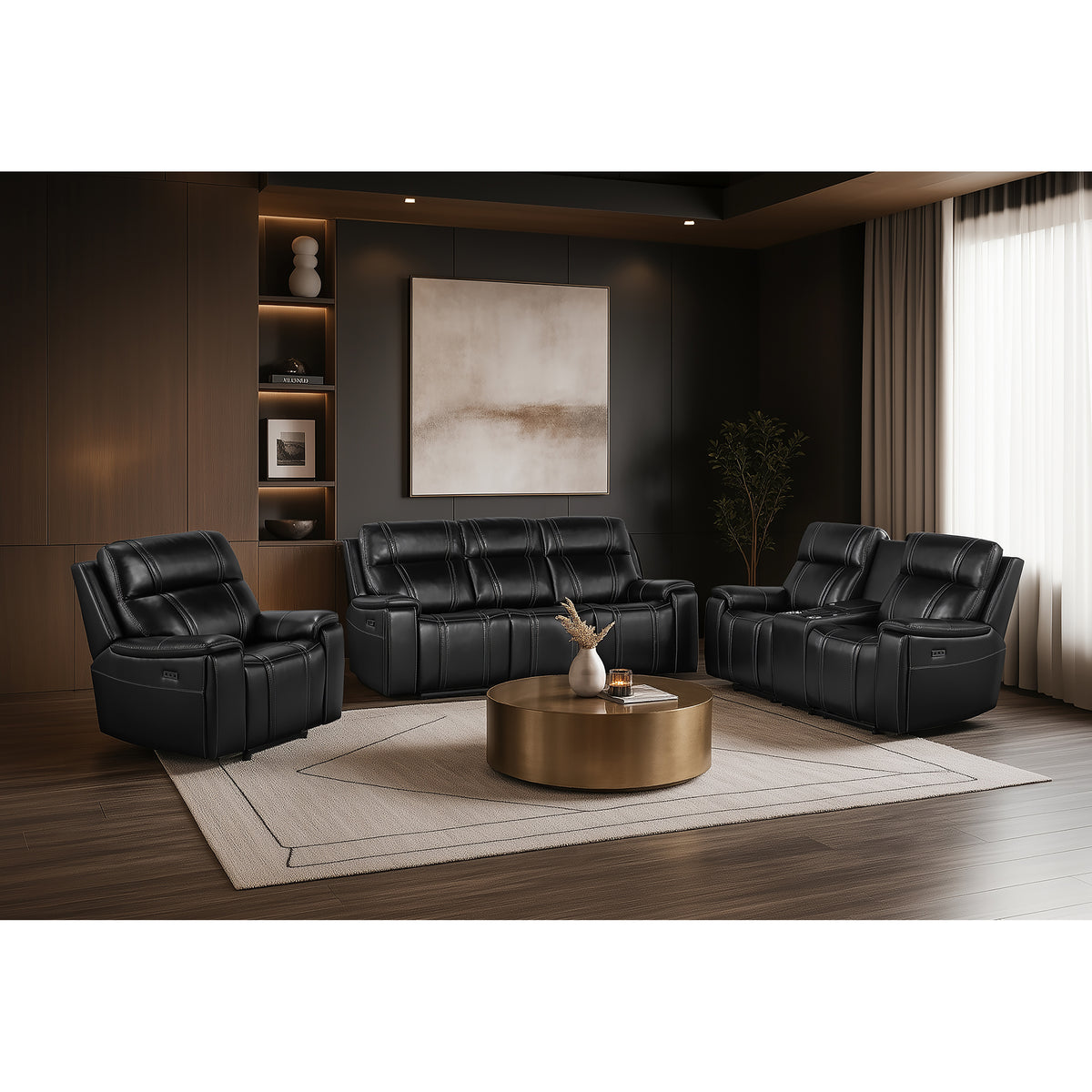 GARY BLACK LEATHER POWER CONSOLE RECLINING LOVESEAT WITH COOLER
