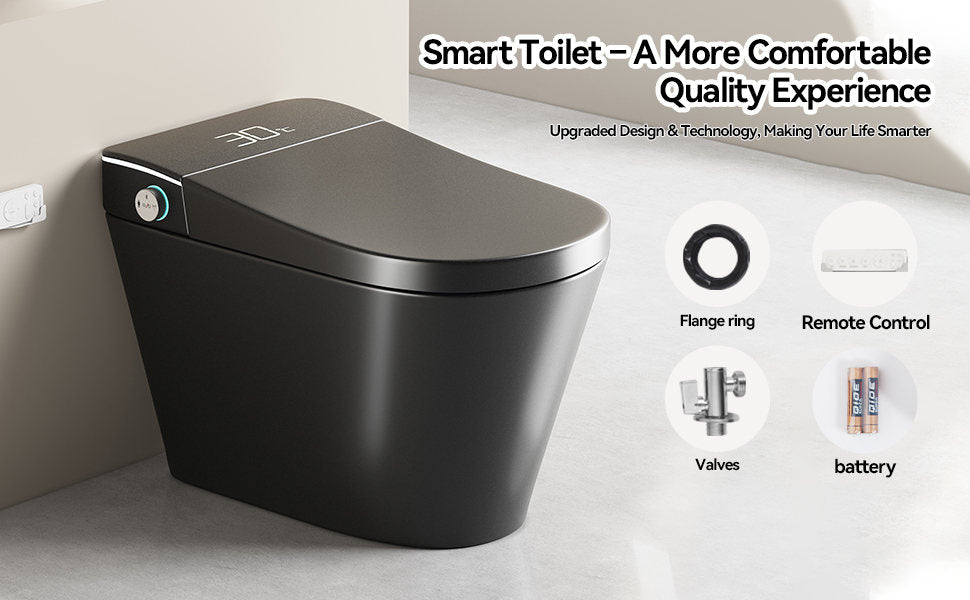 Smart Bidet Toilet with Auto Open/Close Seat, Warm Water Wash, Heated Seat, and Dryer in Black Ceramic, One-Piece Design