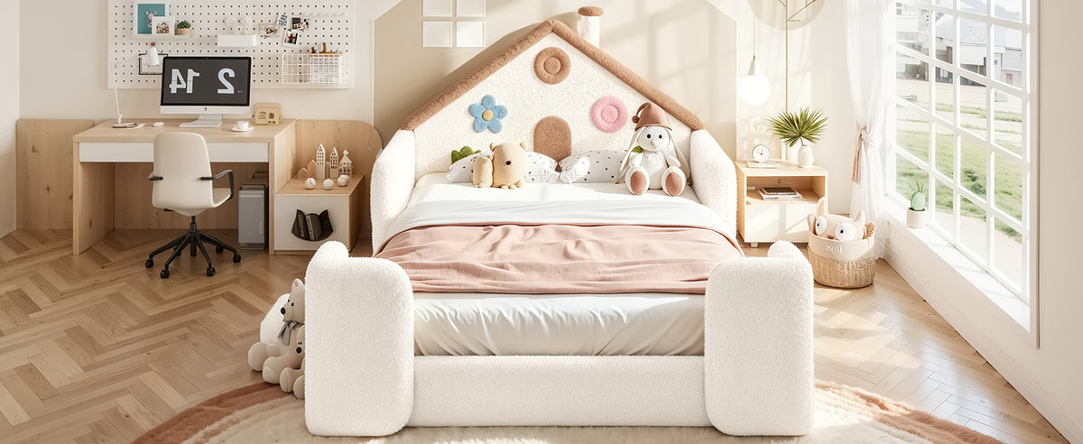 Full House Shaped Upholstered Floor bed, Upholstered Kids bed with Safety Side Rails, Solid Children Bed Frame, Low Floor Playhouse Bed for Nursery & Kids Bedroom.Beige & Natural