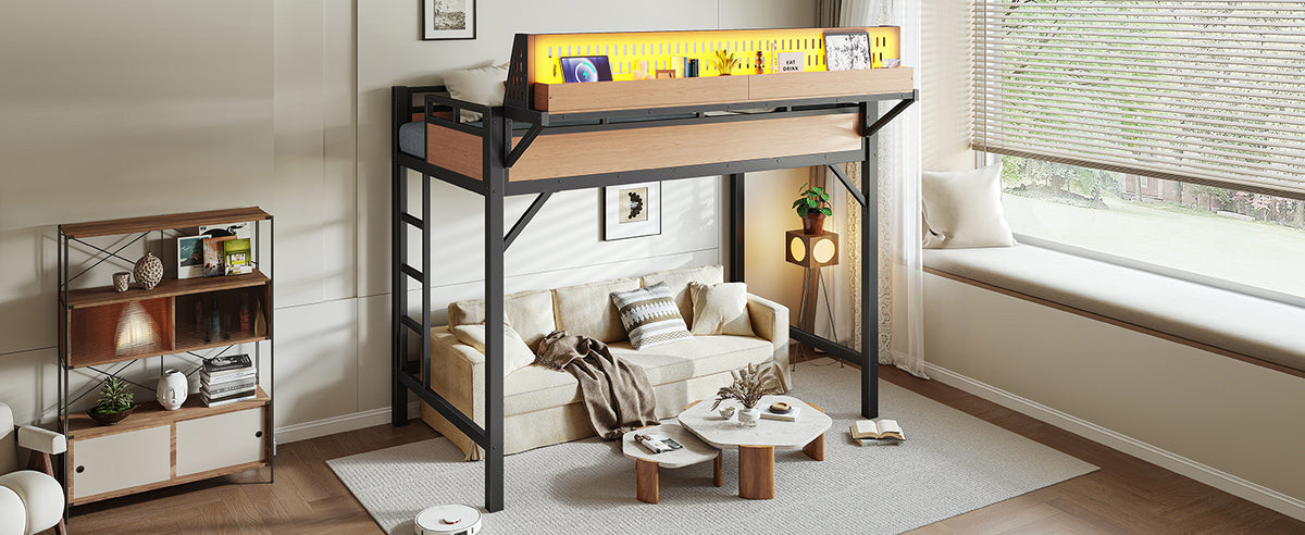 Twin XL size Loft Bed Frame with Storage Shelves and Pegboard, Metal Loft Bed with USB Ports and LED Lights, Safe and Sturdy, Natural