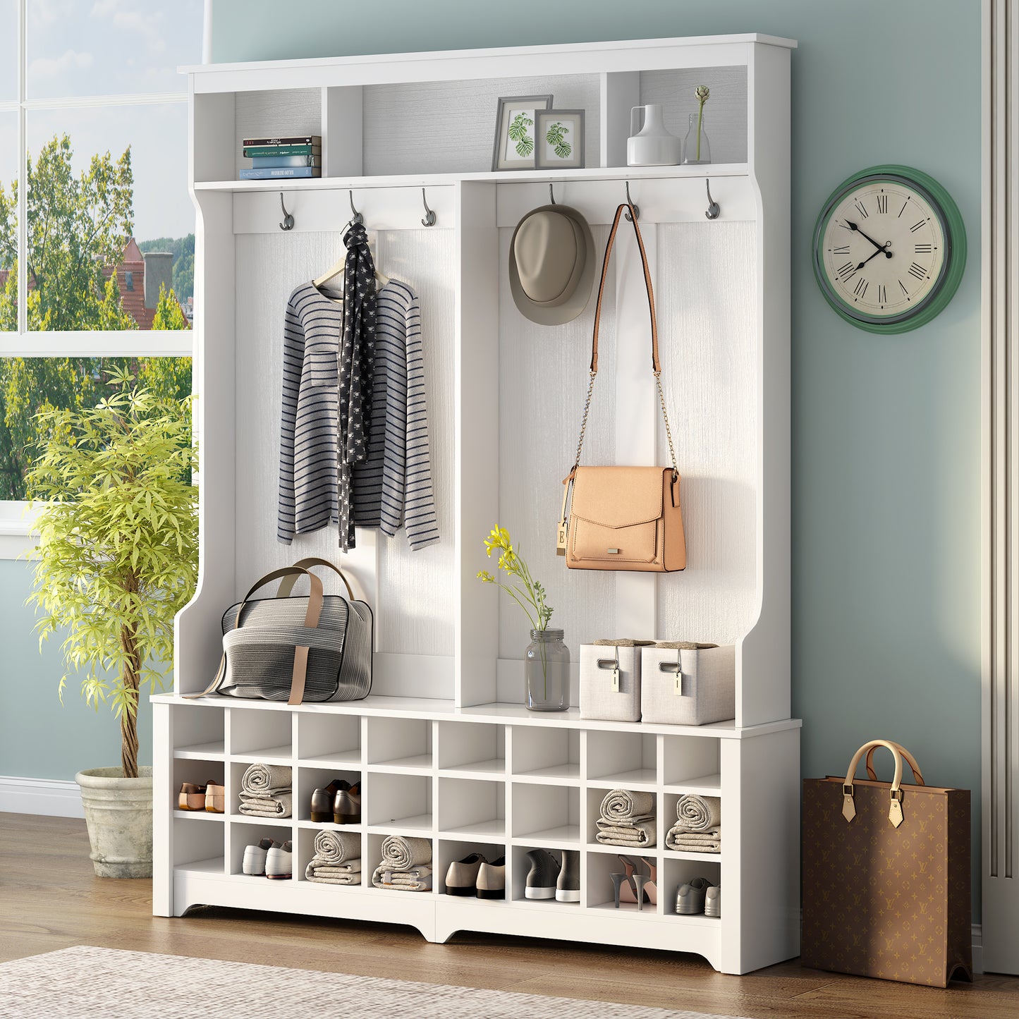 ON-TREND Modern Style Multiple Functions Hallway Coat Rack with Metal Black Hooks, Entryway Bench 60' Wide Hall Tree with Ample Storage Space and 24 Shoe Cubbies , White ( OLD SKU: WF286983AAK )