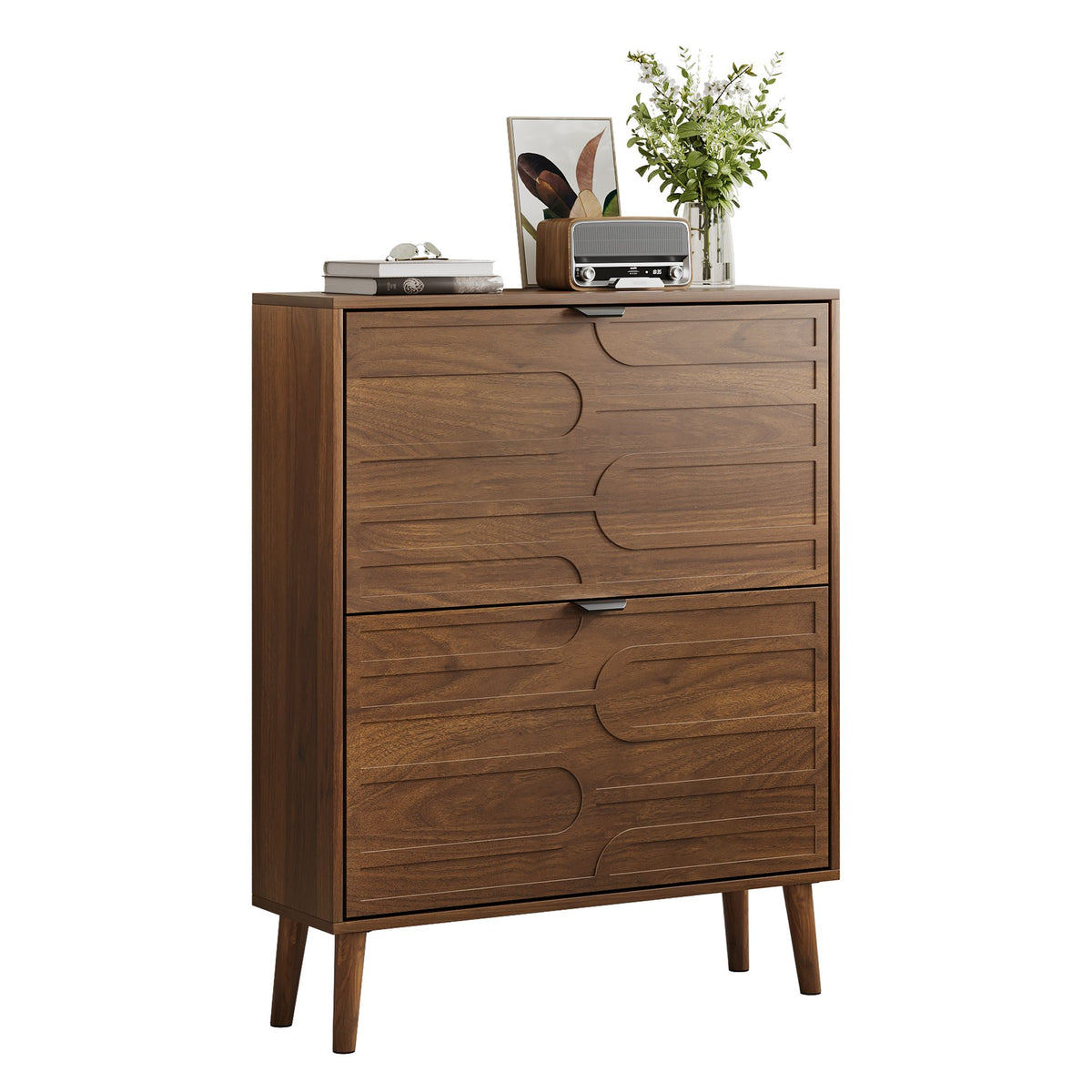 Medieval Modern Independent Shoe Cabinet with 2 Flip Drawers, Walnut MDF, 31.5-inch
