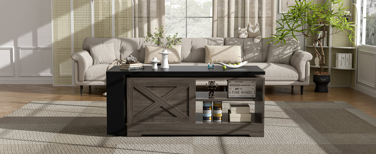 U-Can Farmhouse Lift Top Coffee Table With Barn Doors, Wood Rectangle Center Table With Large Hidden Storage Space And Open Cabinet, For Living Room, Bedroom, Home Office