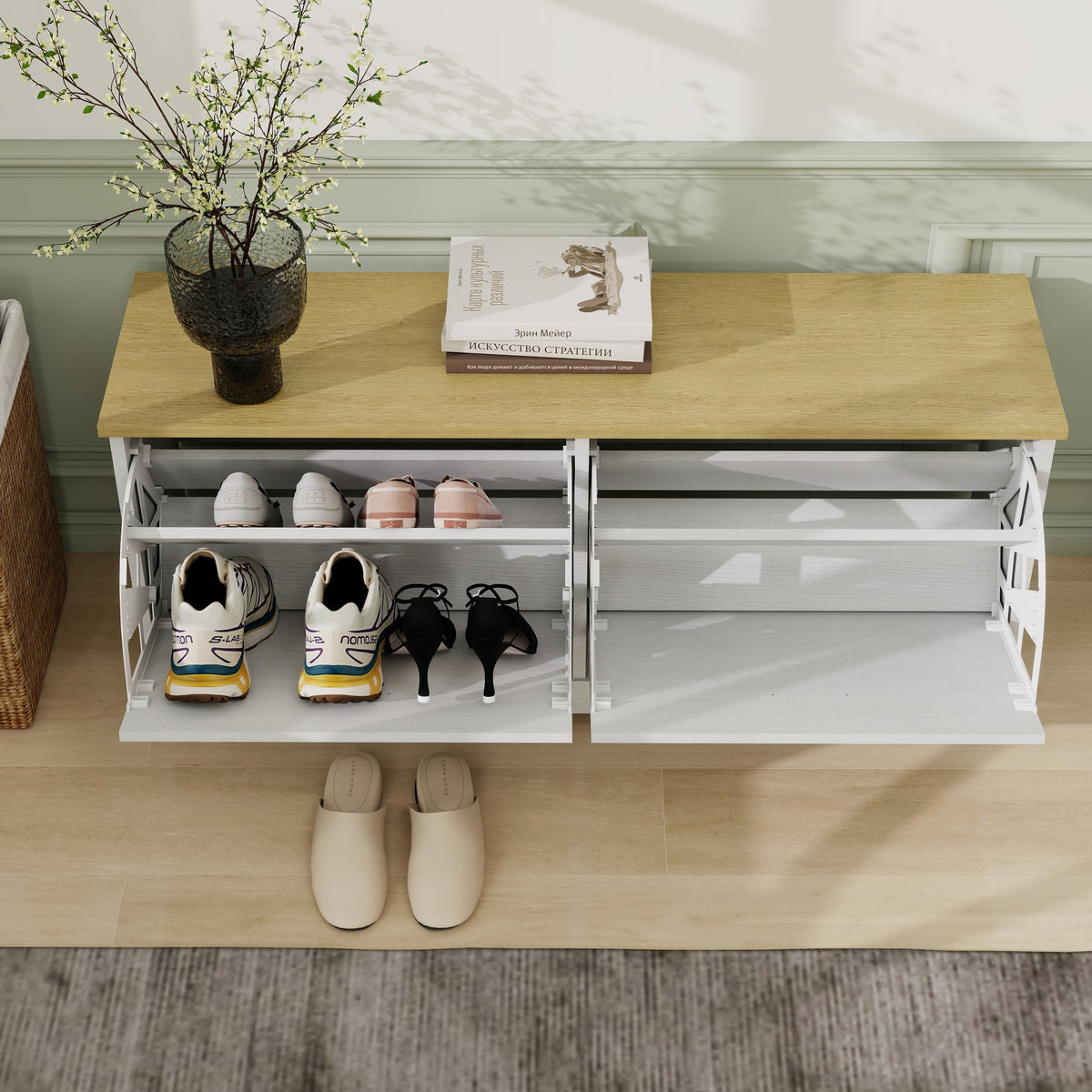 Shoe Storage Bench with 2 Flip Drawers and Adjustable Shelf, Bedroom-Antique White
