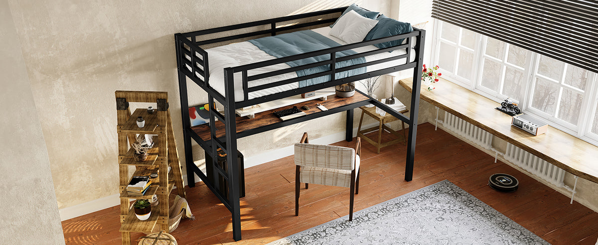 Metal Twin Size Loft Bed with Power Outlet and LED Lighted, Space-Saving, Noise Reduced, Black