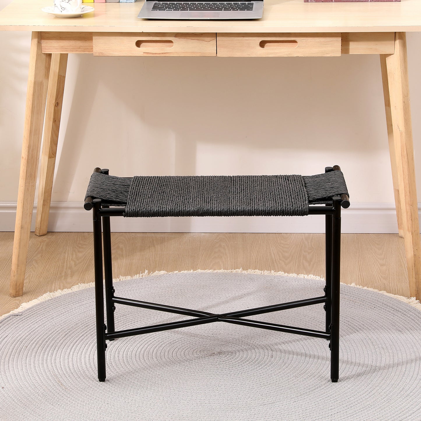 Foot Rest Shoes Stools Handwoven Paper Rope Ottomans for Entryway, Living Room, Bedroom & Office (Black)