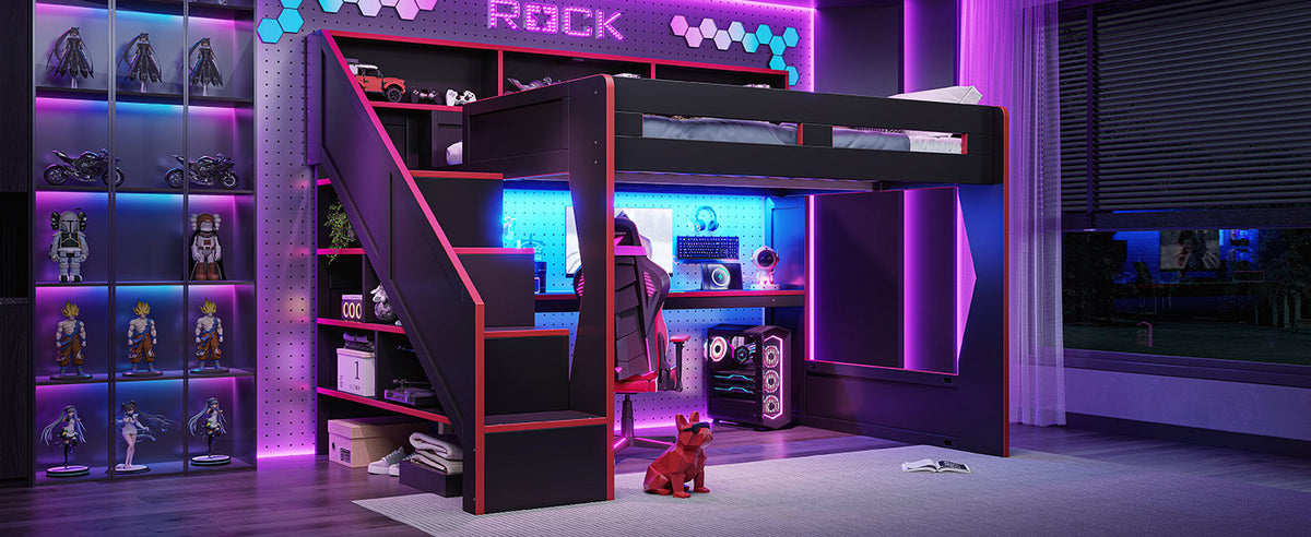 Queen Size Gaming Loft Bed with Storage Stair & Open Headboard Shelves, LED Light & USB Charging Desk, Elevated Loft Bed Frame with House-Shaped Cutout Design for Gamers,Black&Red