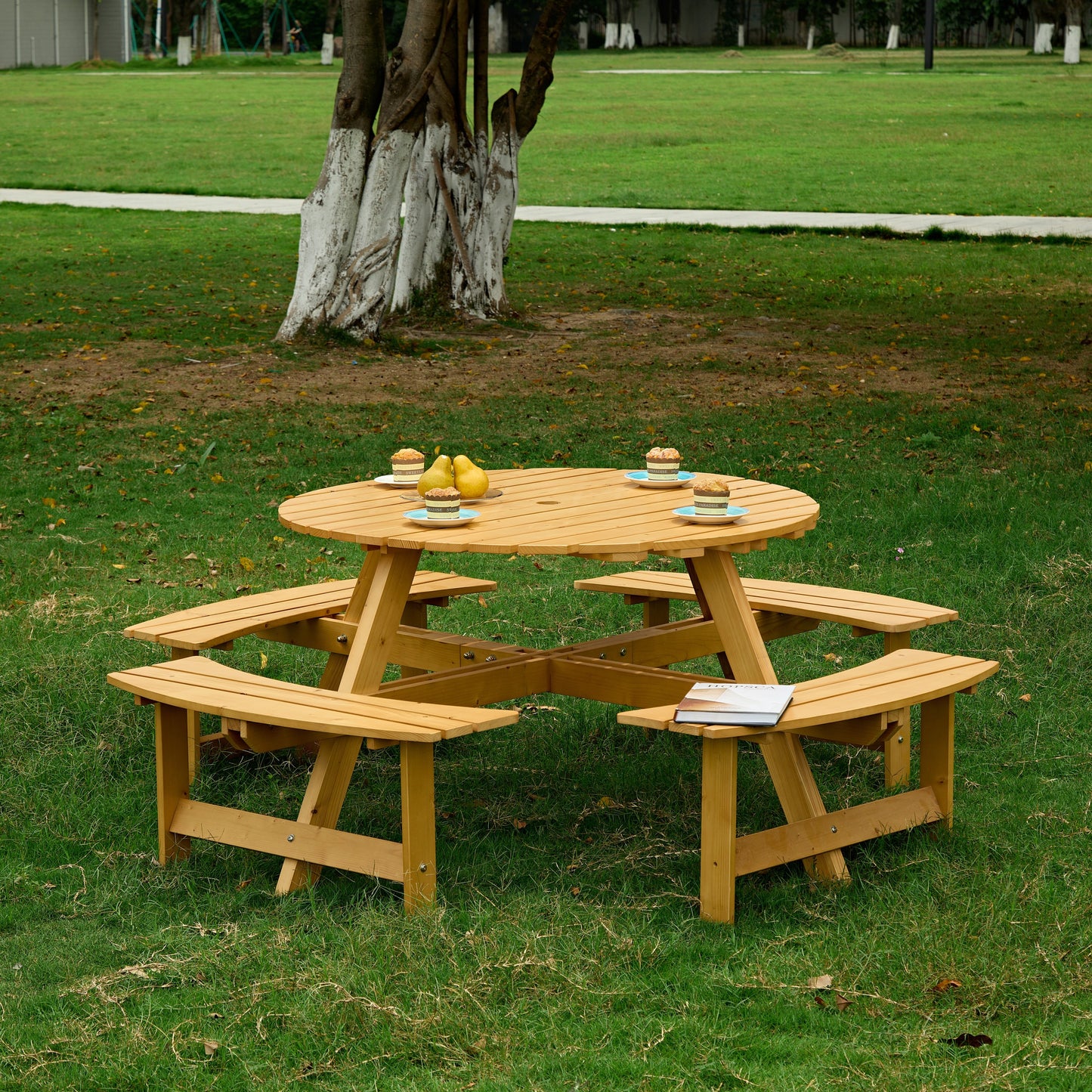 Outdoor 8 Person Picnic Table, 8 person Round Picnic Table with 4 Built-in Benches, Umbrella Hole, Outside Table and Bench Set for Garden, Backyard, Porch, Patio, Natural