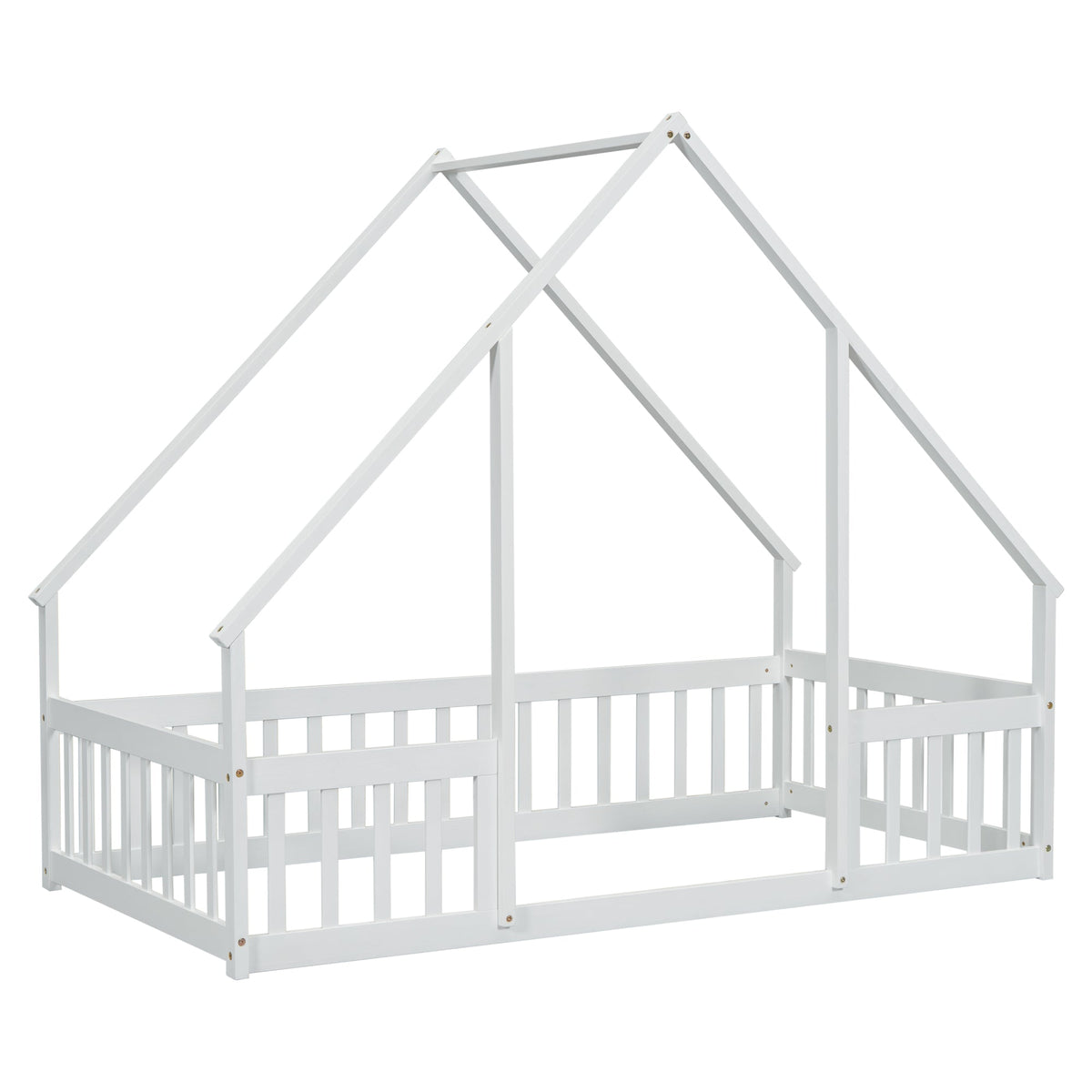 Twin Wood House-Shaped Floor Bed with Fence, Guardrails, White