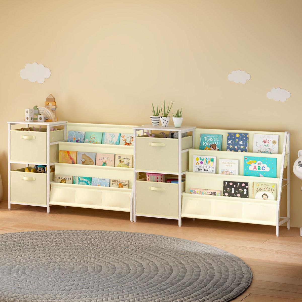 Kids Bookshelf with 3-Tier Front-Facing Book Display, 2 Storage Bins and Bottom Cabinet, Children's Bookcase Organizer for Bedroom, Playroom and Nursery