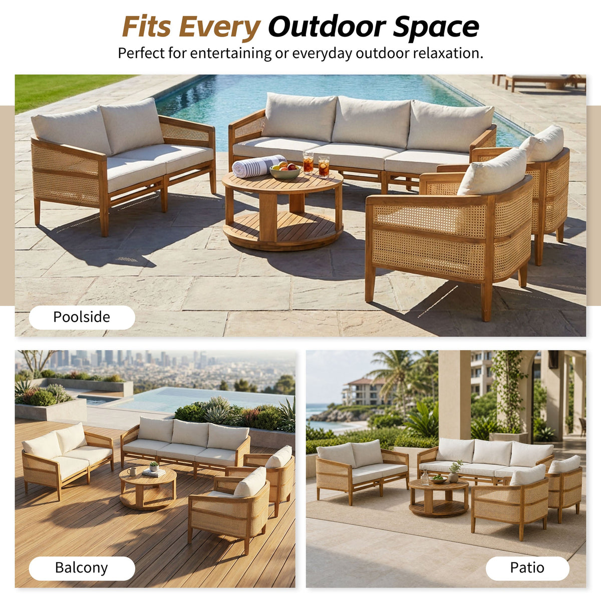 TOPMAX 5-Piece Acacia Wood Patio Furniture Set, Modular Outdoor PE Rattan Sofa Set with Loveseat, 2 Armchairs & Round Coffee Table, Water-Resistant Cushions for Backyard Poolside, Beige