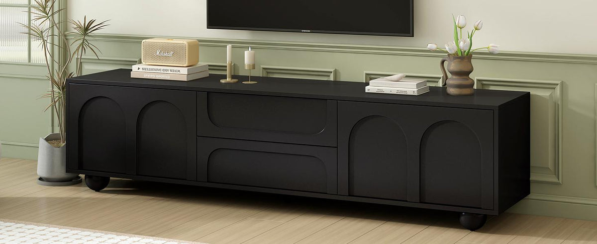 ON-TREND Cream Style TV Stand with Arched Doors & 2 Drawers for TVs up to 75", Minimalist Media Console with Rebound Device – Black