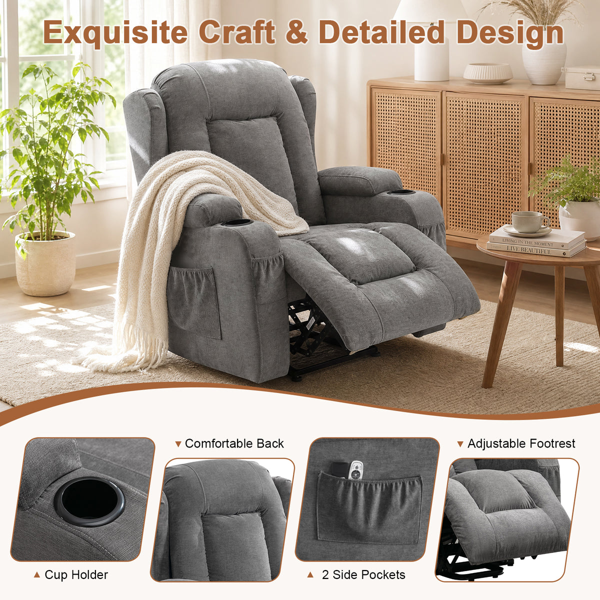 Power Lift Recliner Chair for Elderly with Massage and Heat 8-Point Massage, Lumbar Heat, Electric Lift Assistance, USB Charging Port, Dual Cup Holders, Side Pockets
