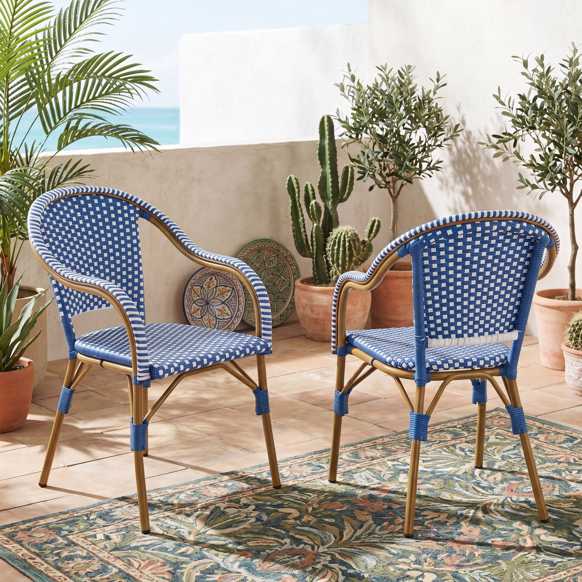 Outdoor Bistro Chairs, Patio Dining Chairs with Aluminum Frame, Weather Resistant PP Rattan Armchairs for Porch, Garden, Backyard, Cafe (Set of 2), Natural+Blue+White