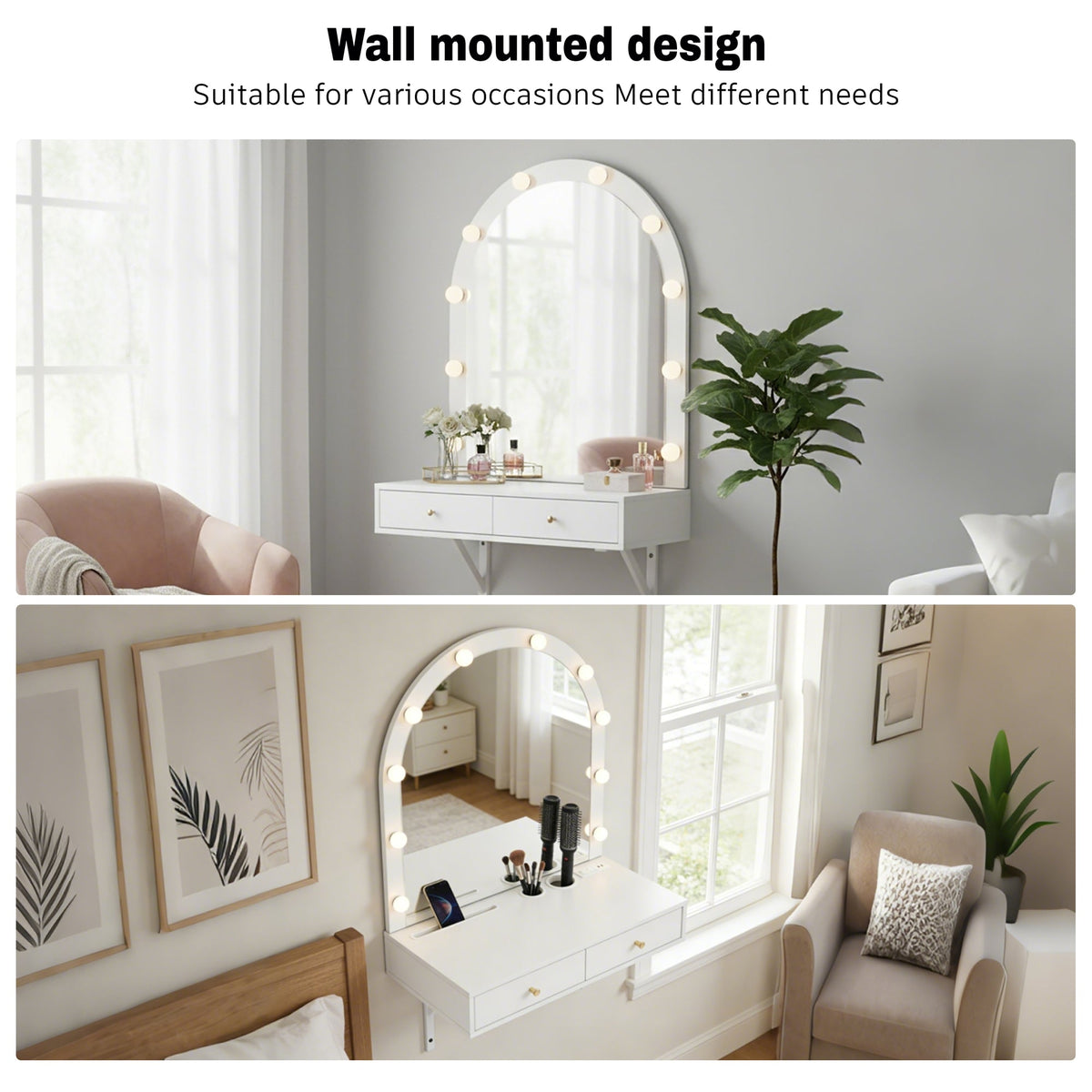 Floating Makeup Vanity Desk with Mirror & 3-Color Lights, Wall Dressing Table with Power Outlet, Compact vanity, Large Storage, White