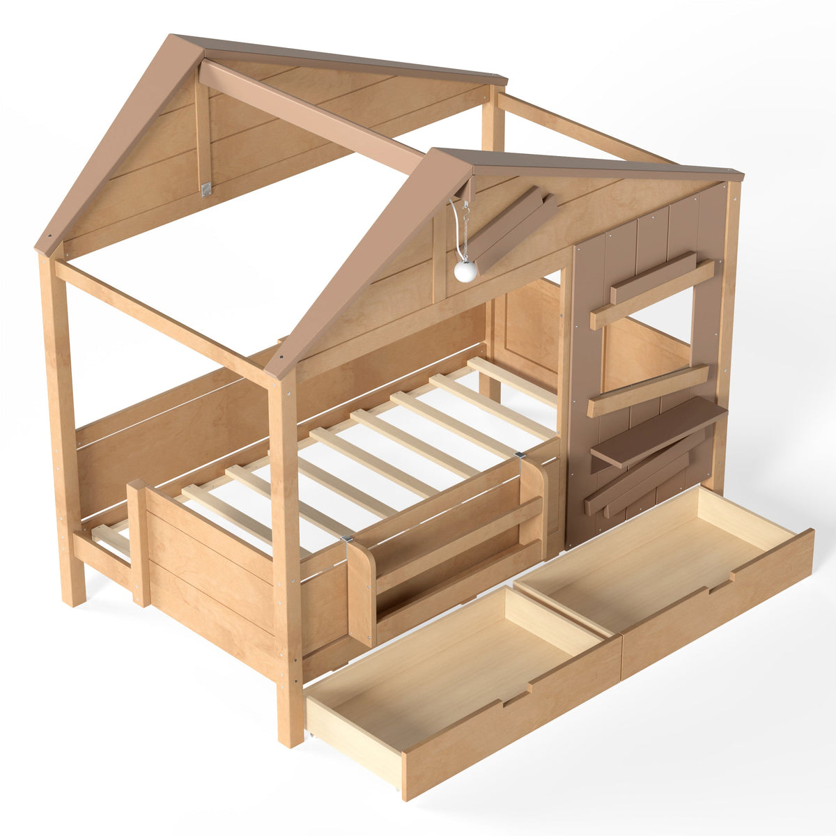 Twin Size Farmhouse Spliced House Bed with Window Shelf & Side Hooks, Playhouse Bed Frame with Underbed Storage Drawers and LED,Light Natural