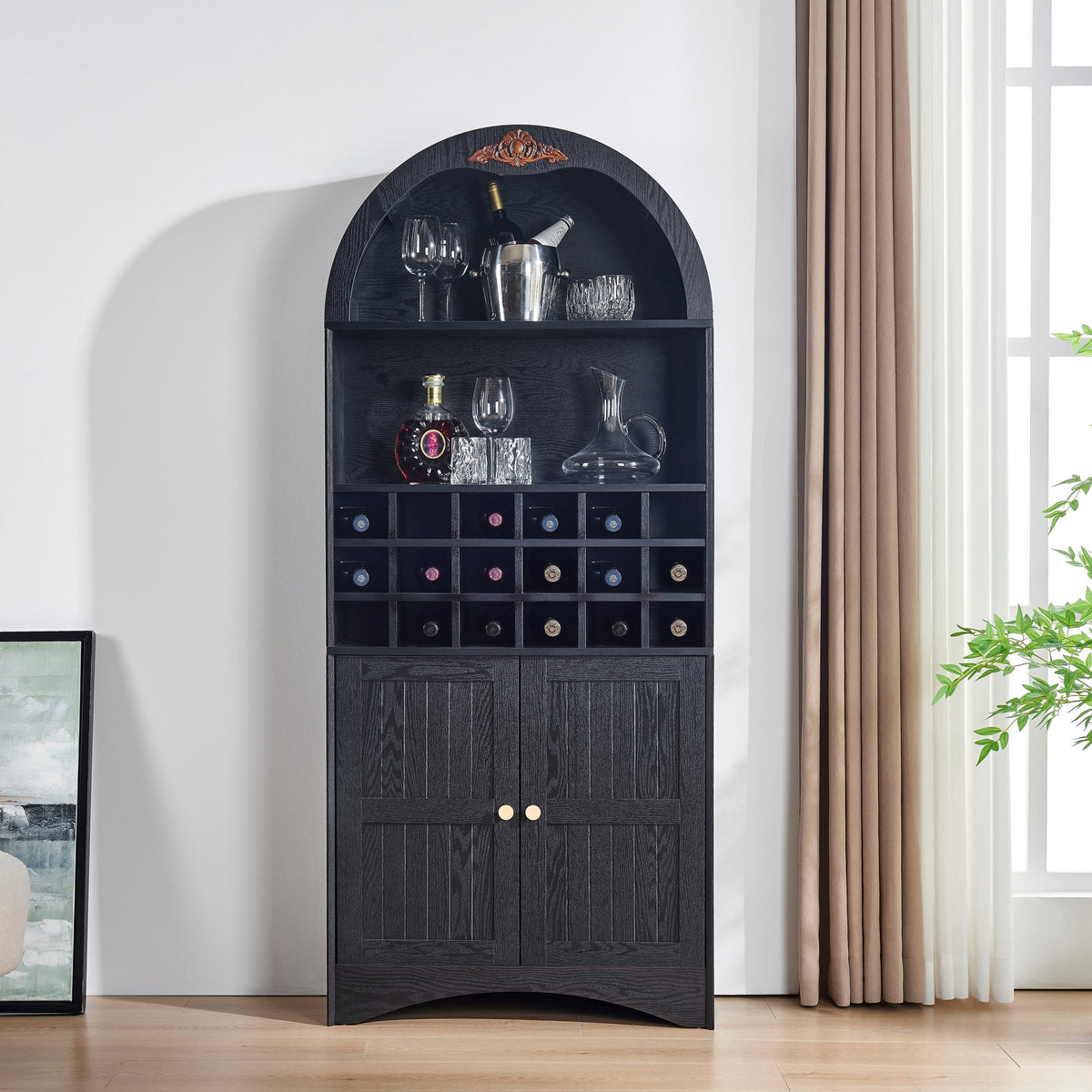 Arched Wood Wine Cabinet with Removable Wine Rack, MDF Anti-Scratch Surface Storage Bar Cabinet with Adjustable Shelves, Anti-Tip Freestanding Liquor Bookcase for Living Room Dining Room