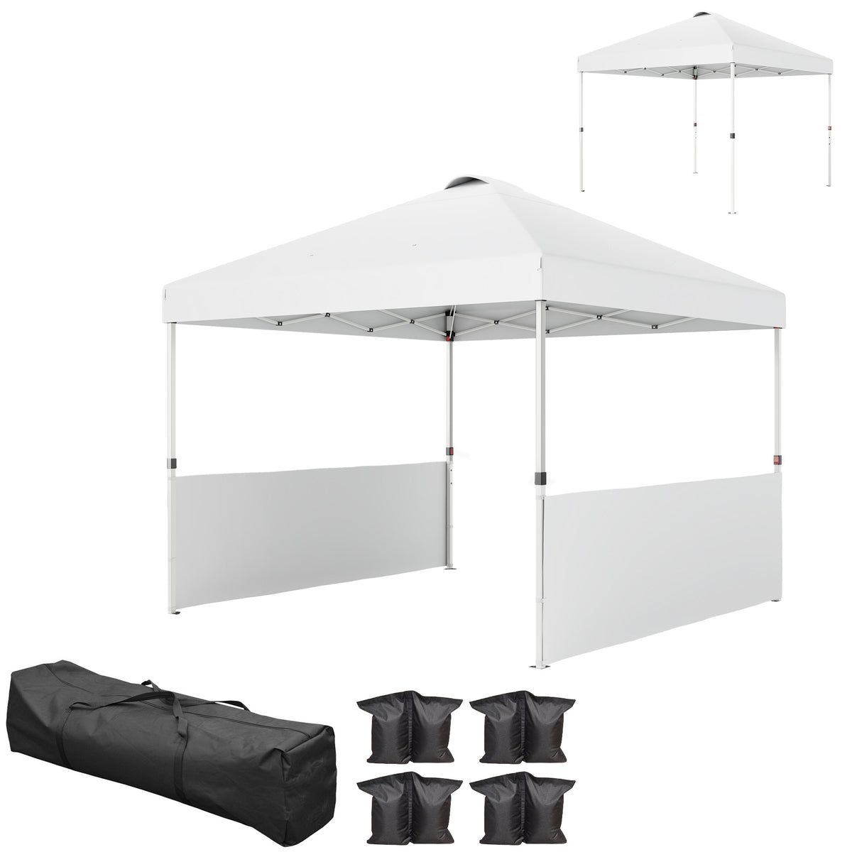 Outsunny 10" x 10" Pop Up Canopy Tent with 2 Half Sidewalls, UV50+ Height Adjustable Instant Sun Shelter with Wheeled Carry Bag, White