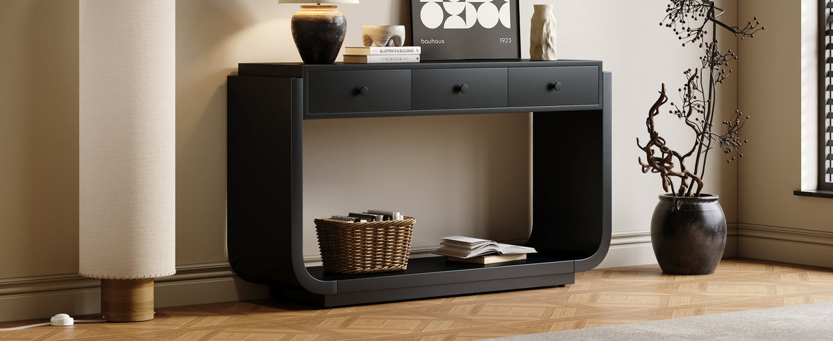 Classic-Style Console Table, 3 Storage Drawers, Display Shelf, Curved Legs, Painted Finish, Black