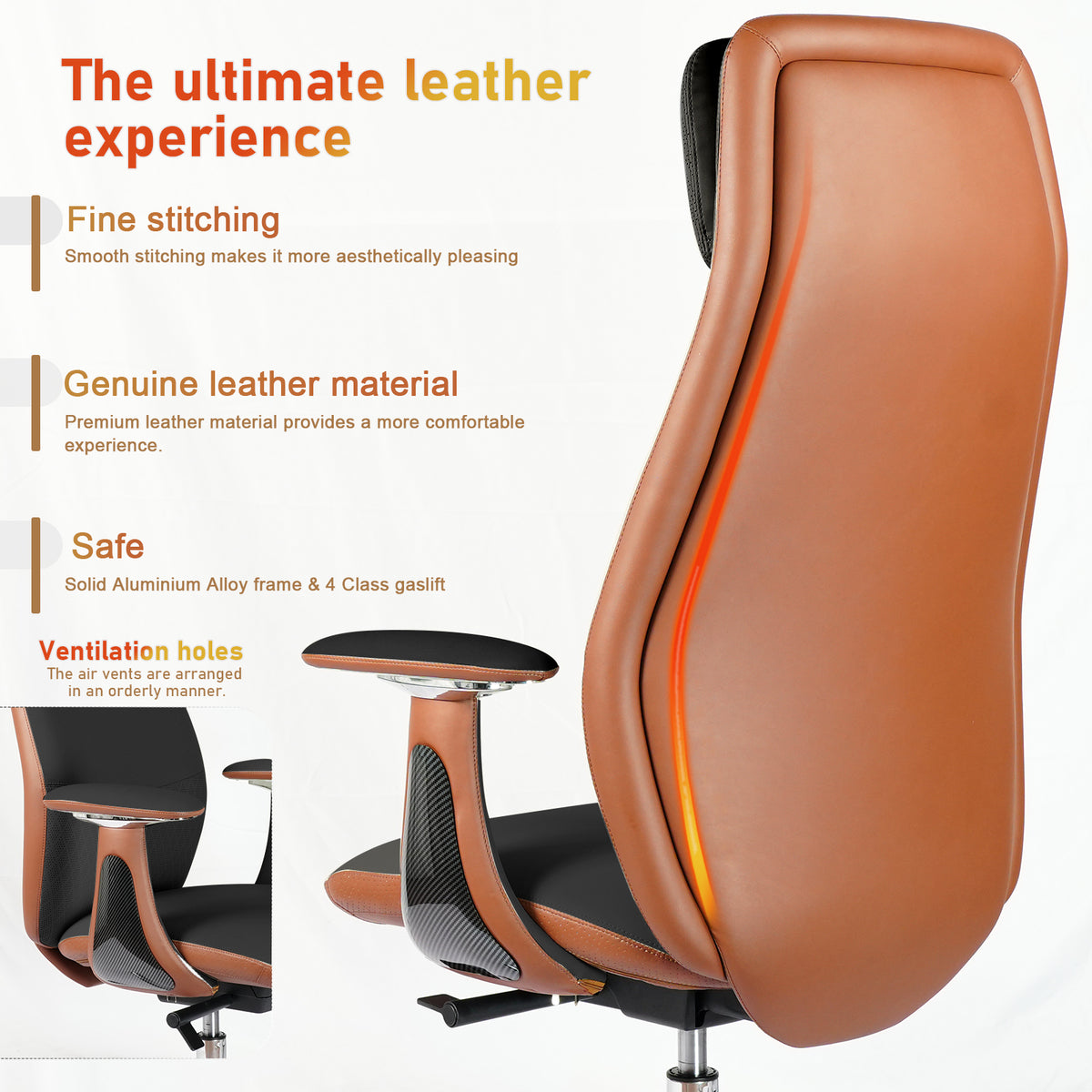 FurniBaron PU Leather High Back Office Chair with , ergonomic lumbar support 400lbs, sturdy metal base, 360° silent wheels, fit for home and office