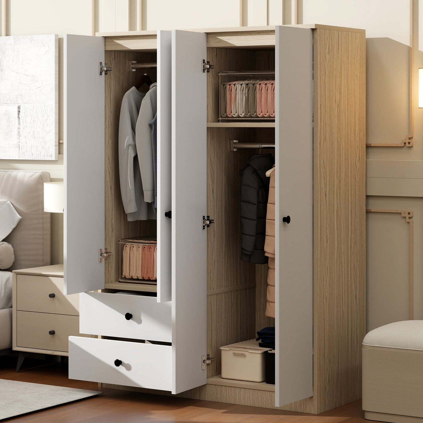 4 Door Wardrobe Closet with Drawers,Shelf and Hanging Rod,White